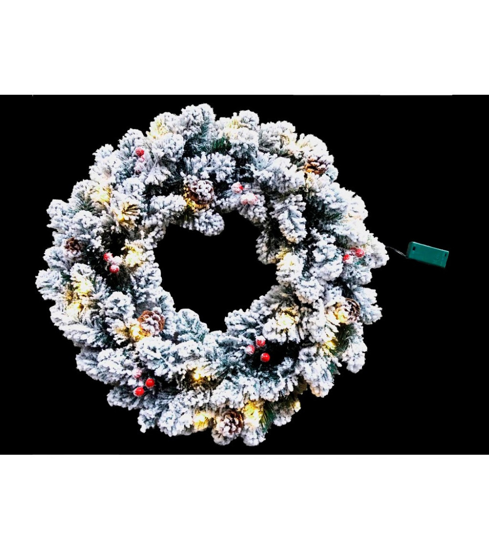 Comprar CORONA DE NAVIDAD DECORACION PIÑAS BOLITAS ROJAS Y NIEVE 20 LEDS 0